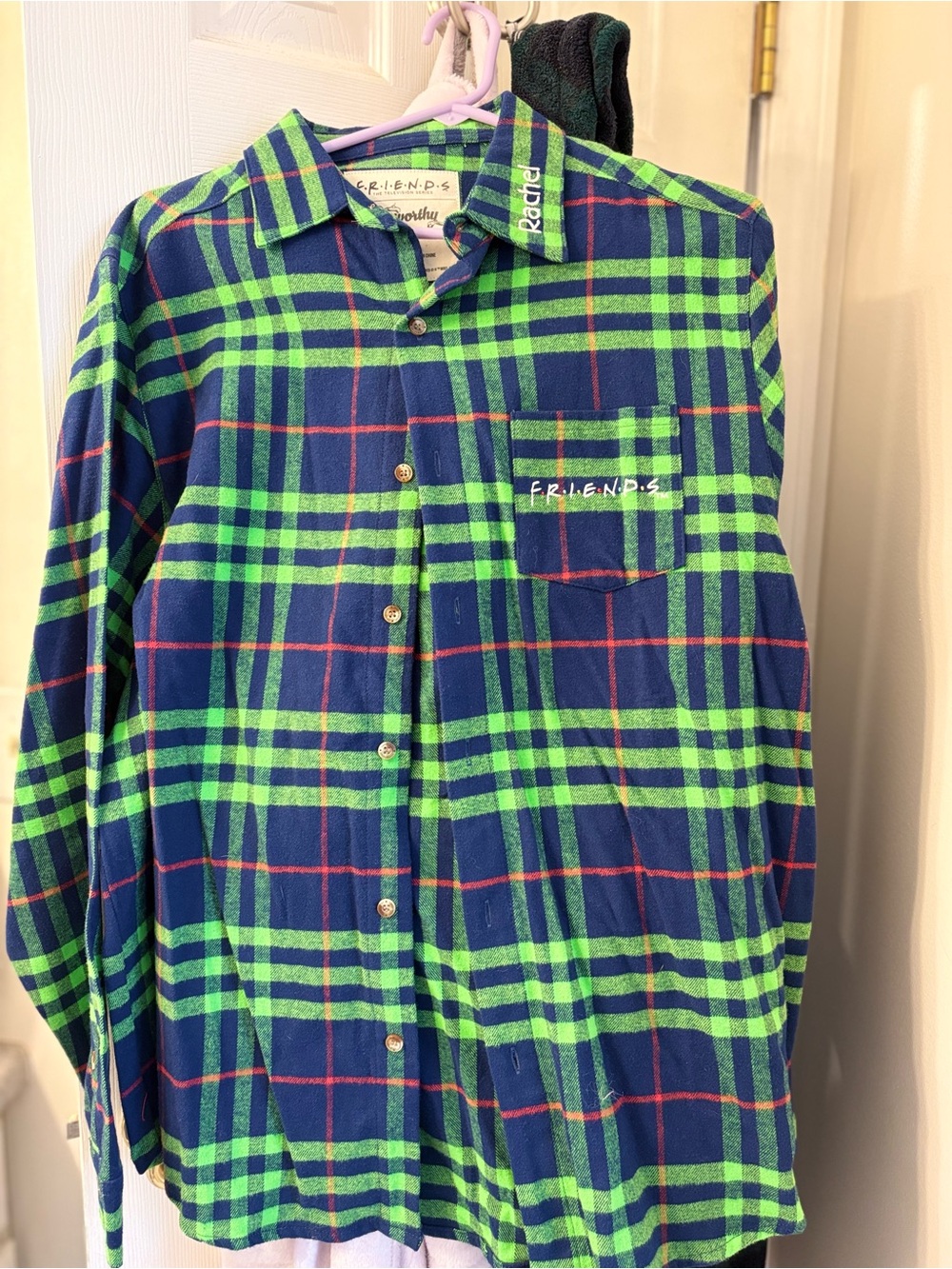 Cake, worthy friends, button up plaid flannel, green and blue Rachel